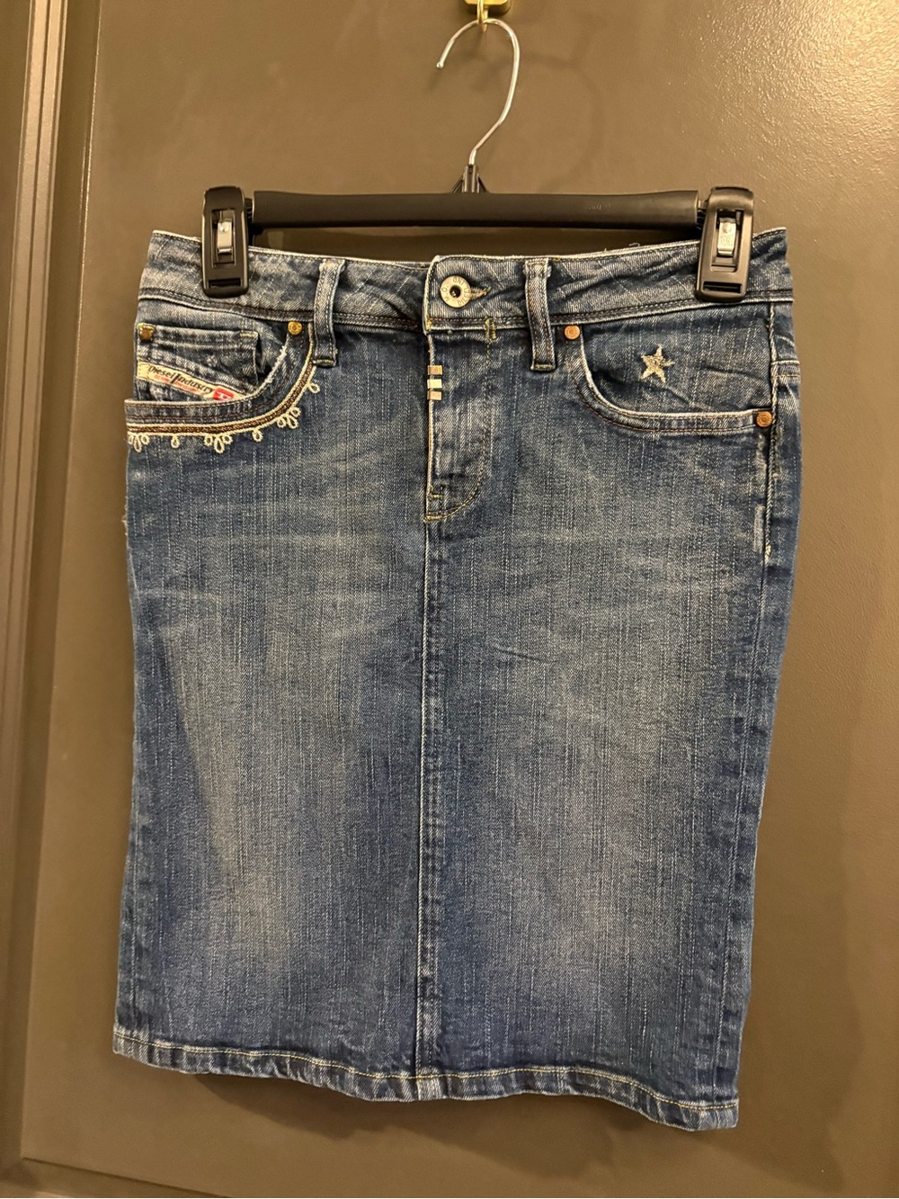 Diesel Denim Mini Skirt Size 27 Blue Distressed Y2K Embroidered Women’s